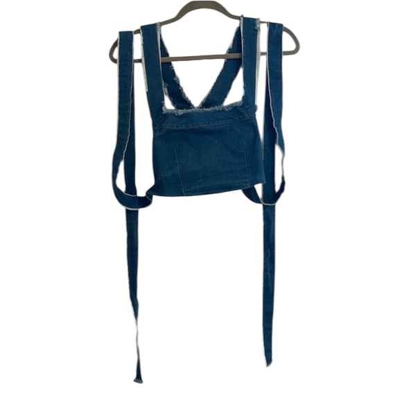 Y2K Streetwear Self Tie Cross Back Distressed Denim Crop Top Size Small - Picture 2 of 4